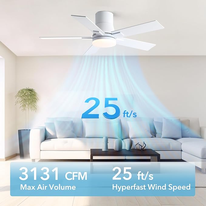 Rayqueen 42 Inch Flush Mount White Ceiling Fans with Lights and Remote | 6 Speed Reversible DC motor,3-color temperature dimmable LED.For indoor/covered outdoor.Modern style for bedroom room
