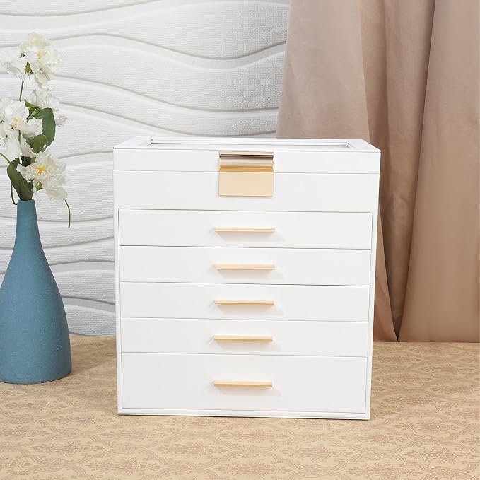 BOOVO Jewelry Boxes for Women, White and Black 6 Layer Large Jewelry Box for Necklace, Bracelet, Earrings, Rings Storage, Jewelry holder Organizer for Girls Gift (Clear White, 6 layer)