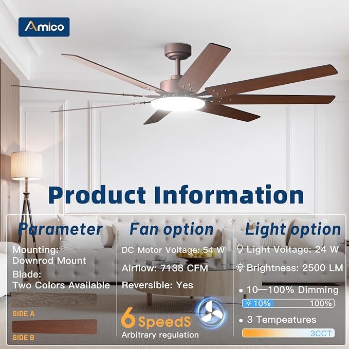 Amico 72 inch Farmhouse Bronze Ceiling Fan with Light, Large Energy Efficient Ceiling Fans with Remote, Reversible DC Motor, Dimmable 3CCT LED, Quiet Indoor/Outdoor for Living Room, Bedroom, Patio