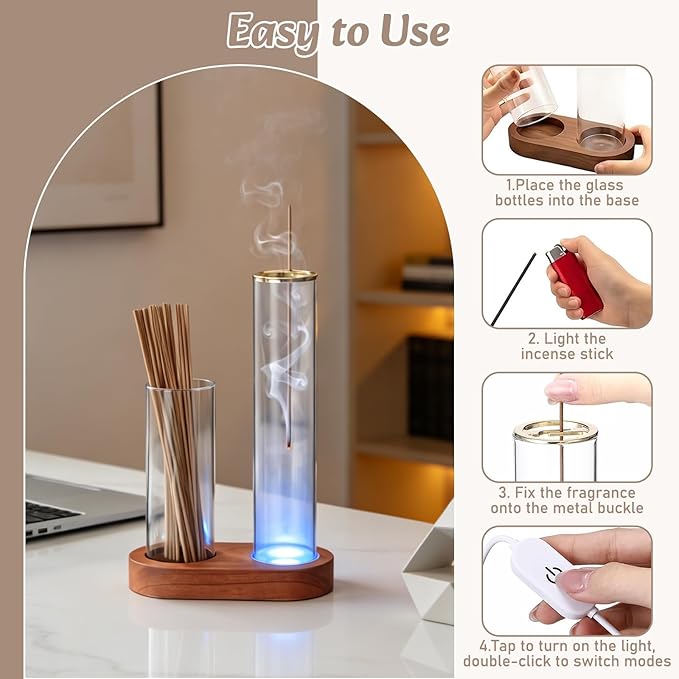 2 in 1 Glass Glowing Incense Holder for Sticks with Glass Ash Catcher, Upside Down Anti-Ash Incense Stick Burner, Modern Vertical Incense Holder for Yoga, Spa, Meditation and Home Decor