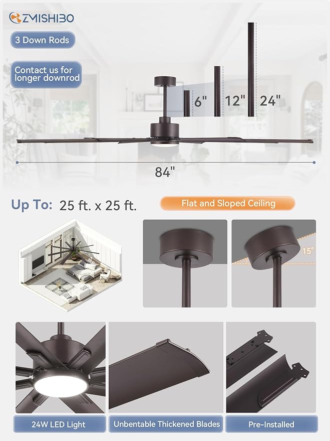 ZMISHIBO 84" Industrial Ceiling Fans with Lights, Large Ceiling Fan with 3CCT, 8 Reverisble Aluminum Blades, Quiet DC Motor, 6-Speed, Indoor/Outdoor Ceiling Fans for Patios/Garage/Porch, Oil-bronze