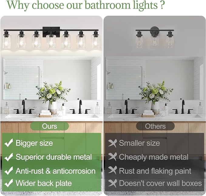 Indoi 7-Light Bathroom Light Fixtures, Matte Black Modern Vanity Lights with Clear Glass Shades, Bathroom Wall Lamp for Mirror Living Room Cabinet Bedroom Porch