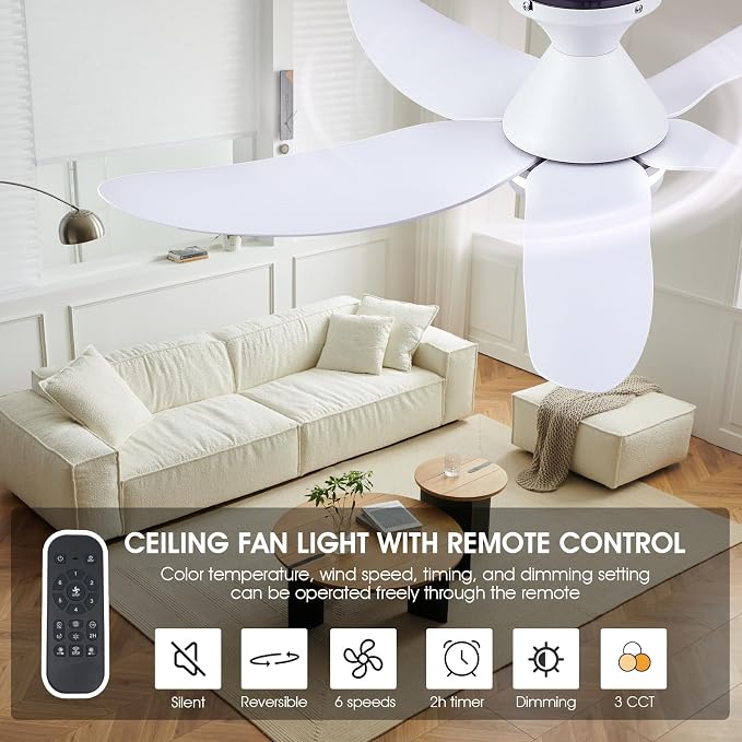 Kviflon 46 inch Ceiling Fans with Lights and Remote/APP Control, Modern Flush Mount Ceiling Fans with 5 Reversible Blades 6 Speeds, 3 CCT Dimmable+Ring Lights for Bedroom Kids Room, White