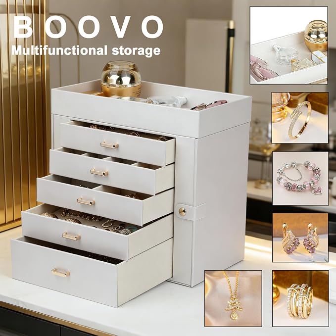 BOOVO Large Jewelry Boxes For Women (Pearl White, 6 Layer) | 6 Layers Jewelry Organizer Box With Cosmetic Storage Drawer, Necklace Ring Jewelry Organizer Box
