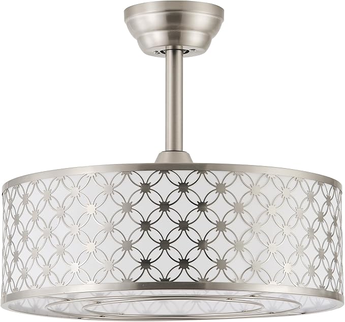 Silver Fandelier Ceiling Fan with Light, 20" Caged Silver Chandelier Ceiling Fans with Lights Remote Control, Fabric Mid-Century Modern with 6 Speeds for Bedroom, Nursery, Living Room.
