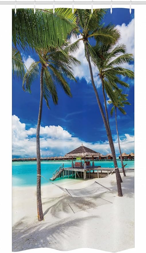 Ambesonne Beach Stall Shower Curtain, Empty Hammock Between Palm Trees Sand Vibrant Summer Sky Picture, Fabric Bathroom Decor Set with Hooks, 36" W x 72" L, Coconut Blue