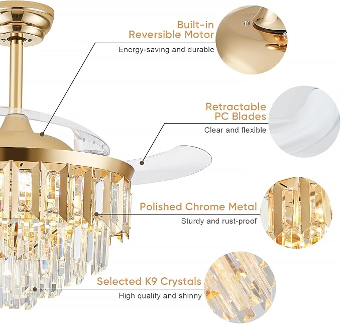 TXCSLY 48" Fandelier Ceiling Fan with Light, Crystal Chandelier Fan with Retractable Blades Dimmable Crystal Ceiling Fan Chandelier for Bedroom Living Room Dining Room-Gold