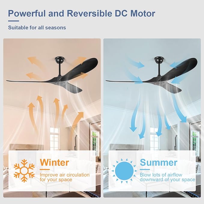 60'' Solid Wood Ceiling Fans without Light,Black Ceiling Fan with Quiet and Large Airflow DC Motor,Outdoor Ceiling Fan for Patio,Garage,Bedroom
