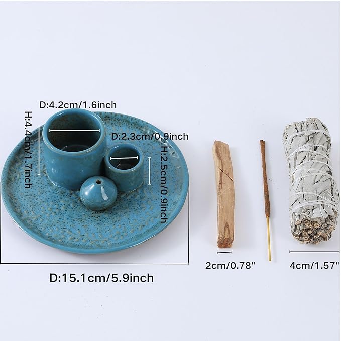 5 in 1 Incense Holder Burner, 5.9" Ceramic Holder for Burning Palo Santo Sage Candle and Incense Sticks Cones, Ash Catcher Tray for Meditation Room Home Décor (Blue)