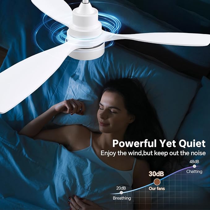 CACI Mall 48 inch White Smart Ceiling Fans with Lights, Low Profile, Modern, 3 Blades, Solid Wood, Remote Control, Work with Alexa/Google, Outdoor Indoor Ceiling Fans for Patio Living Room Bedroom