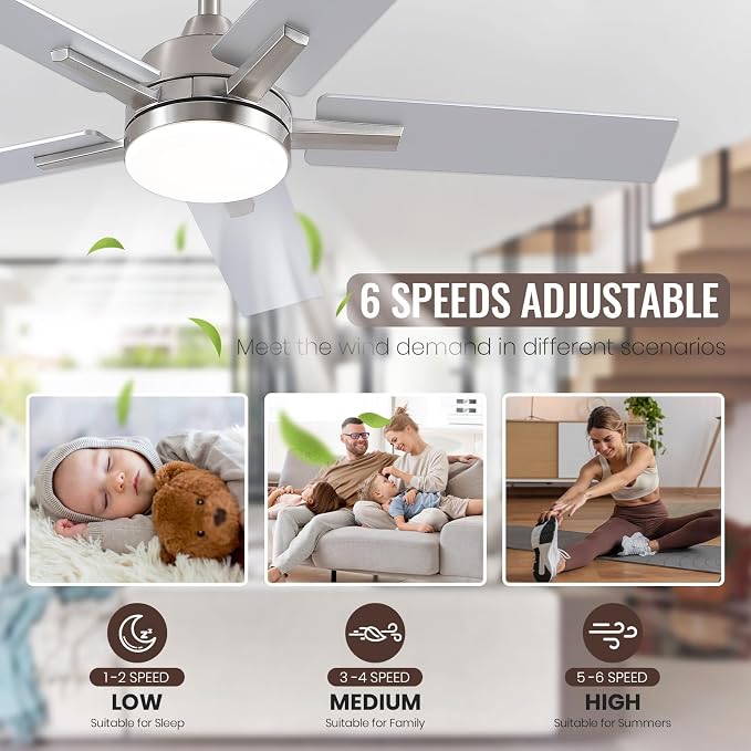 42 Inch Brushed Nickel Ceiling Fans with Lights and Remote, Reversible, 3CCT, Dimmable, Noiseless, Downrod, Small Ceiling Fan for Bedroom, Indoor/Outdoor Use