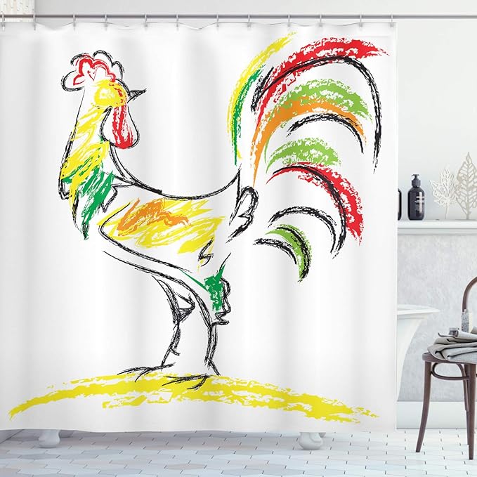 Ambesonne Gallus Shower Curtain, Rooster Chicken Tail Farm Animal Oil Pencil Drawing Effect Art, Cloth Fabric Bathroom Decor Set with Hooks, 69" W x 70" L, Yellow Black