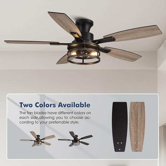52 Inch Flush Mount Ceiling Fans with Lights and Remote Control, Low Profile Farmhouse Ceiling Fan for Bedroom Living Room and Patio, Black Caged Ceiling Fan for Indoor and Outdoor（No Bulb）