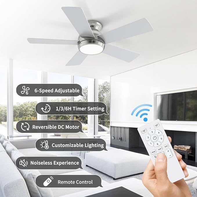 POCHFAN 42 Inch Brushed Nickel Ceiling Fans with Lights and Remote, LED Low Profile Flush Mount Ceiling Fan for Bedroom, Living Room, Patio, Quiet DC Motor, 5 Blades