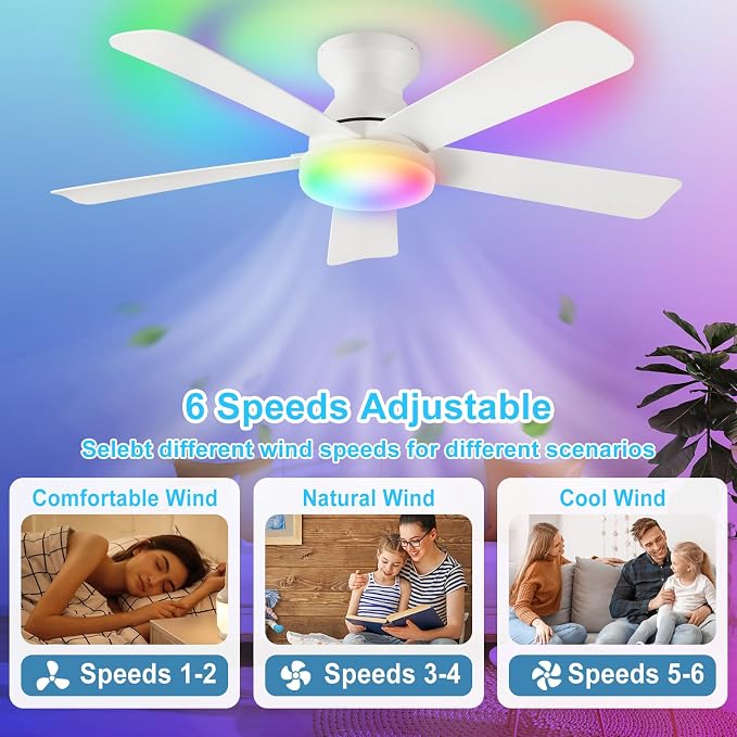 Depuley Ceiling Fan with RGB Light: 42-Inch White Small Fans for Bedroom Indoor Outdoor - Dimmable Low Profile Ceiling Fans with Remote Control Flush Mount 5 Reversible White Blades 6 Speeds Timer