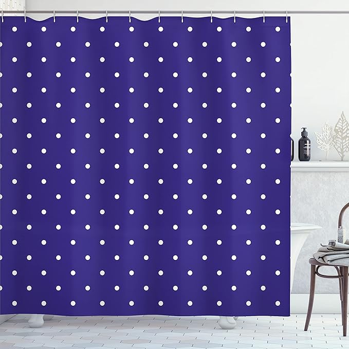 Ambesonne Navy Shower Curtain, Polka Dots Pattern Nostalgic Feminine Shabby Form Little Spots Motif, Cloth Fabric Bathroom Decor Set with Hooks, 69" W x 70" L, Purple White
