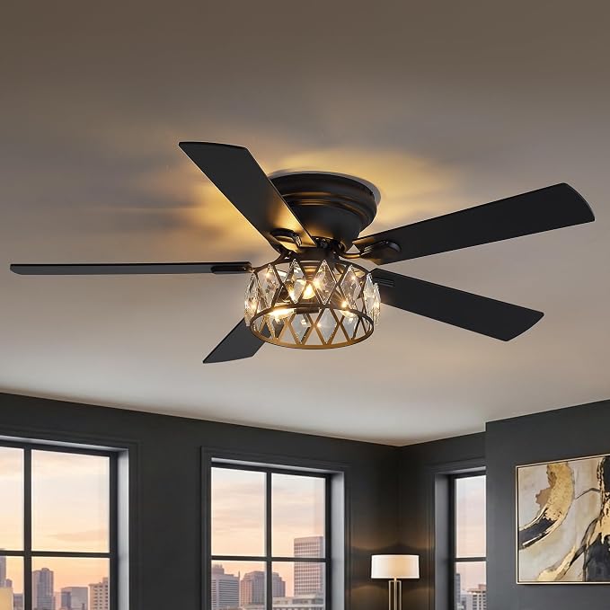 52 Inch Flush Mount Ceiling Fans with Lights and Remote, Double-Sided 5-Blade, 6-Speed Reversible DC Motor, Modern Low Profile Ceiling Fan Crystal Fandeliers for Bedroom Living Room Kitchen (Black)