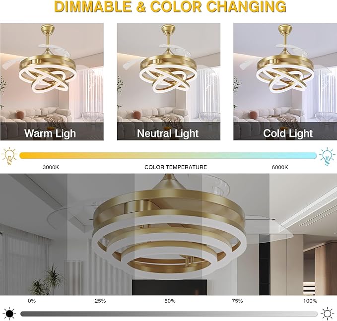 FIDGRA 42 Inch Retractable Ceiling Fan, Chandelier Ceiling Fans with Lights, Silent DC Motor, 6 Speeds, 3 Color Changing for Bedroom Living Room (Gold)