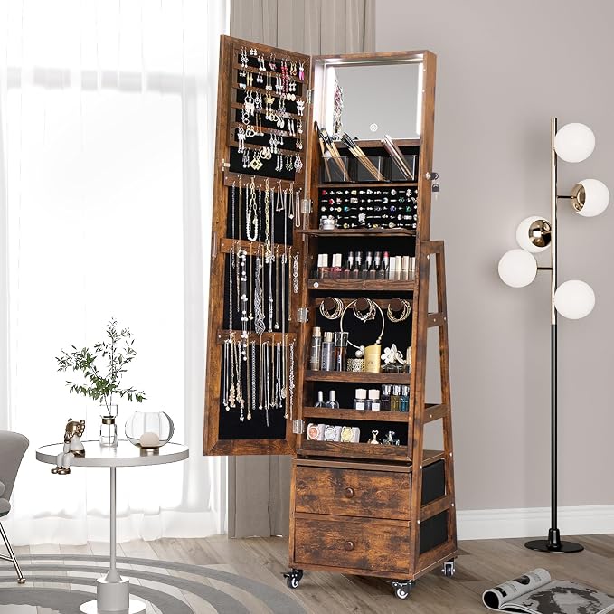 Rotating Jewelry Cabinet with Vanity Mirror,Full Length Mirror with Storage Jewelry Armoire Lockable Jewelry Organizer Standing Mirror with Drawers Wheels Christmas Gift for Girl Rustic Brown