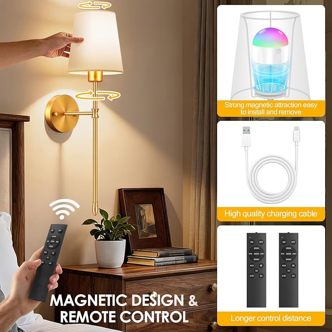 OCATO Battery Operated Wall Sconce: 10000mAh Wireless Wall Sconces Set of Two Rechargeable Lamp Dimmable Magnetic Lights with 7 RGB Colors and Remote Walls Decor for Bedroom Living Room Hallway