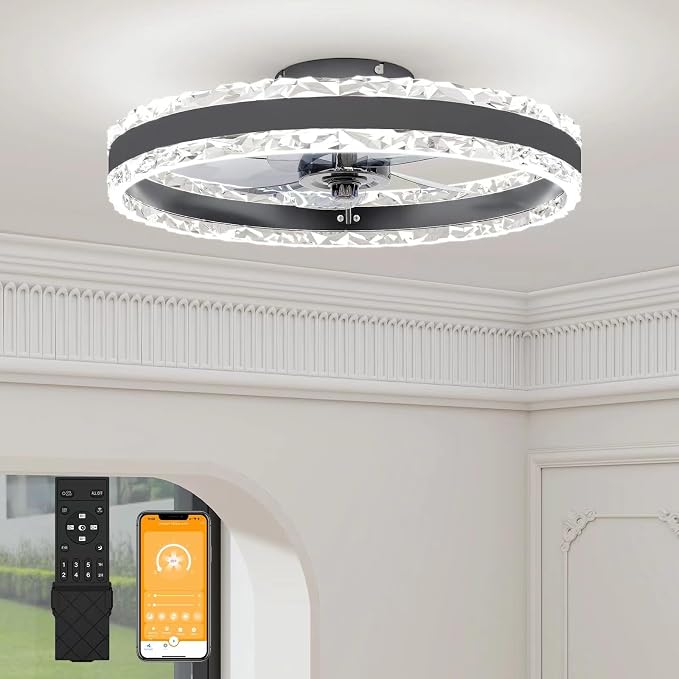 VOLISUN Low Profile Ceiling Fans with Light and Remote, 19.7in Fandelier Ceiling Fan with Light, 3000K-6500K Dimmable Flush Mount LED Ceiling Fan Light, Black Modern Ceiling Fan Light for Bedroom