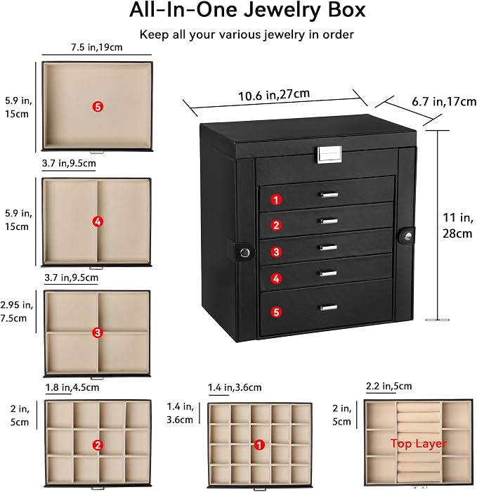 Frebeauty 6-Layer Jewelry Box for Women,Large Jewelry Organizer with Drawer | Faux Leather,Built-in Mirror,Spacious Jewelry Storage,16 Necklace Hooks,Organizing by Category for Rings Earrings Bracelet