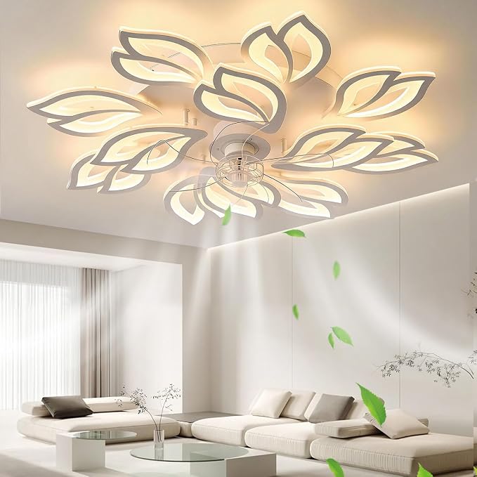 35" Ceiling Fans With Lights and Remote, Low Profile Flush Mount | Ceiling Fan Lights For Bedroom Living Room, With 6 Speed 3 Colors Dimmable, Quiet, Reversible Motor, Timing White