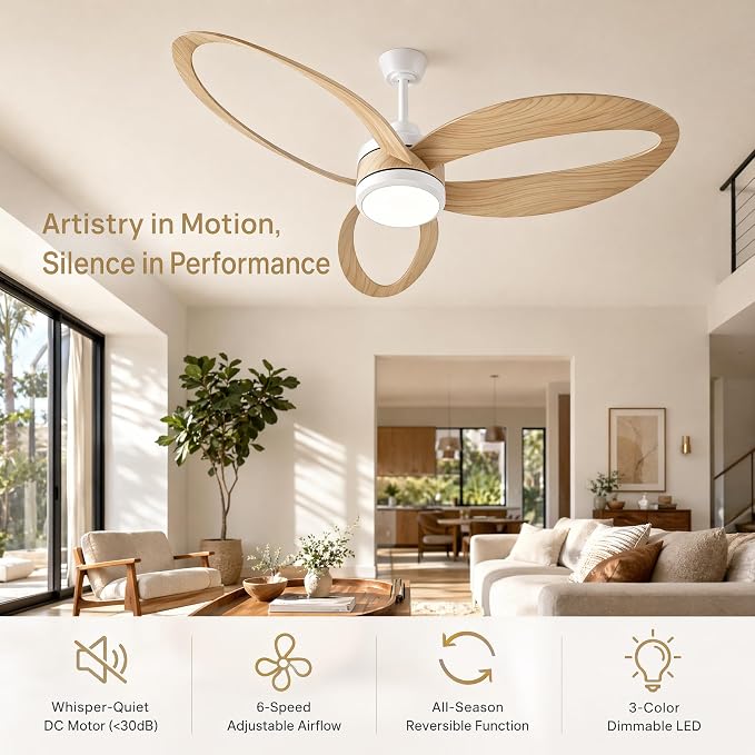 52 Inch Ceiling Fan with Light, Flush Mount Ceiling Fan, White | Quiet DC Motor, 6 Speeds & 3 Color Temperatures, Dimmable LED, Reversible for Bedroom Living Room Patio