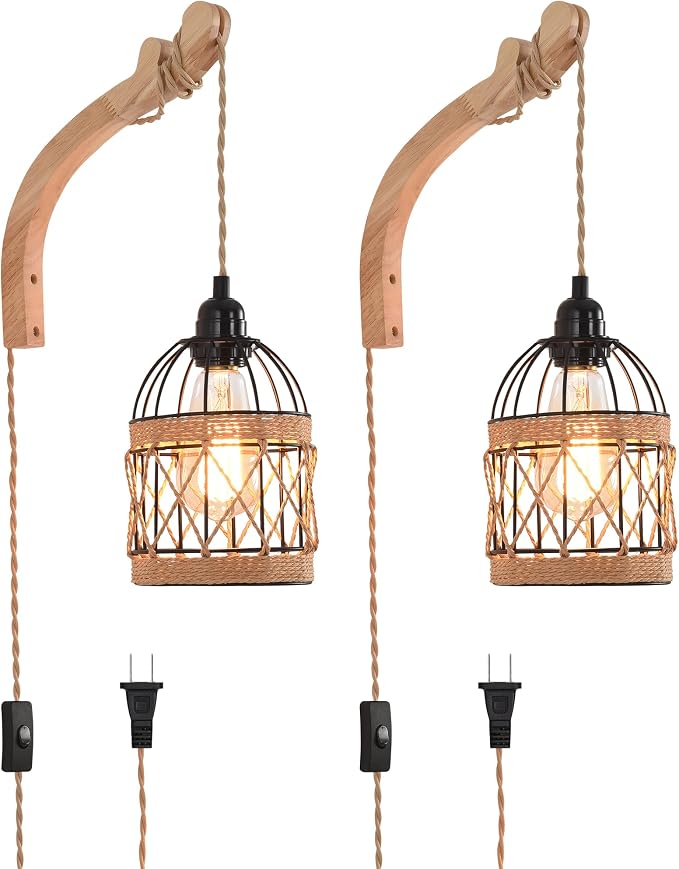 Plug in Wall Sconce,Farmhouse Wicker Wall Lamp Plug in,Hand Woven Rattan Wall Light Farmhouse Rustic Boho Sconces Wall Lighting for Living Room Bedroom