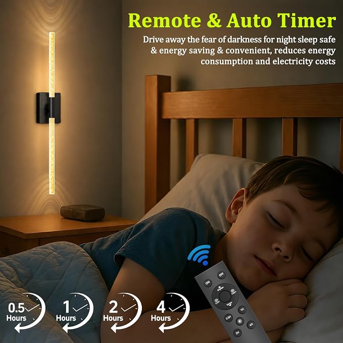 iThird Crystal Bubble Wall Sconces Set of 2: 10000mAh Rechargeable Wireless Lights with Remote & 360° Rotate, 4 Color Temps Dimmable, 31.5" Wall Lamp for Bedroom Living Room Mirror, Black