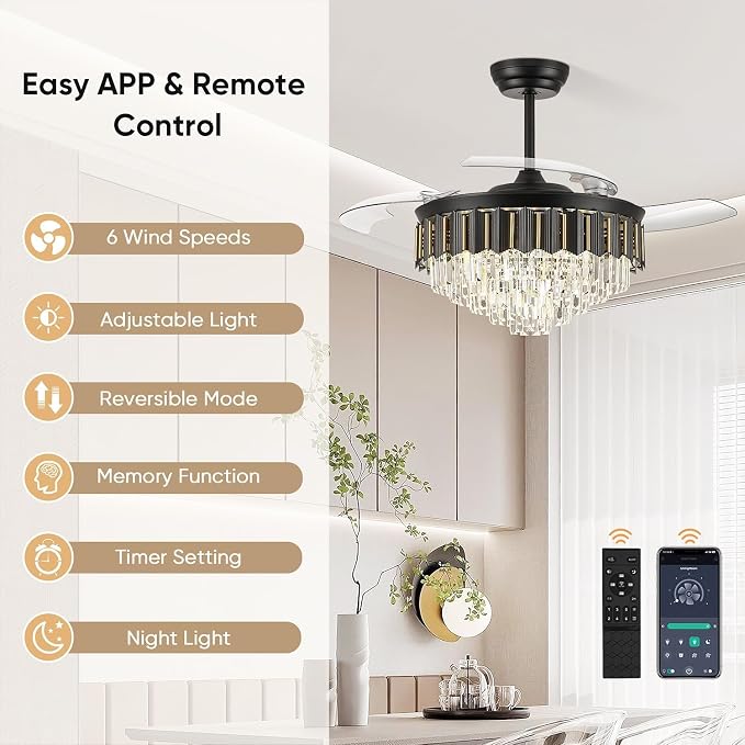 48 Inch Fandelier Ceiling Fan with Light, Chandelier Ceiling Fan for Bedroom Living Room, LED Dimmable, 6-Speed Reversible Motor, Timer & Memory Function-Black