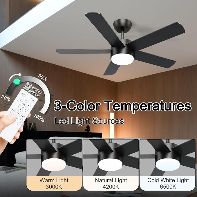 POCHFAN 42 inch Black Ceiling Fans with Lights and Remote Control, LED Ceiling Fan Dimmable 3 CCT 6-Speed, Noiseless Modern Ceiling Fan for Bedroom, Living Room, Dining Room, ETL Listed
