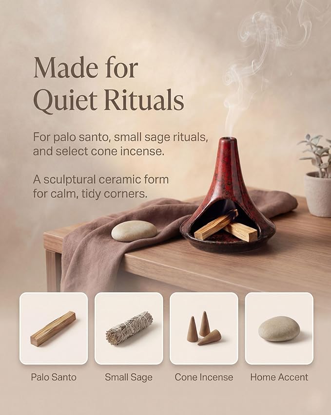 Ceramic Palo Santo Holder & Ash Catcher with Mini Chimney, Incense Holder & Sage Burner, Wabi-Sabi Home Decor for Meditation & Yoga(Rust Ember)
