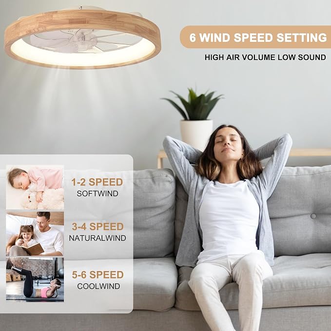 24" Solid Wood Low Profile Ceiling Fan with Light and Remote/APP | Reversible Quiet DC Flush Mount Fan Light,6 Speed Dimmable 3 Color Temperature for Bedroom Kidsroom Dining Room