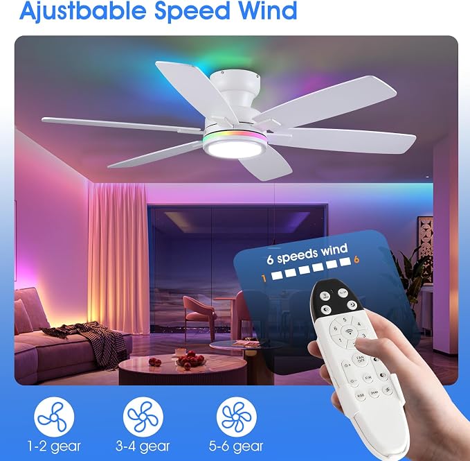Kviflon 52 in Ceiling Fans with RGB Lights Remote/APP Control, Flush Mount Ceiling Fans, Double-Sided 6 Reversible Blades, RGB Ring Lights+3 CCT Dimmable Lights, Double Lampshade for Bedroom, White