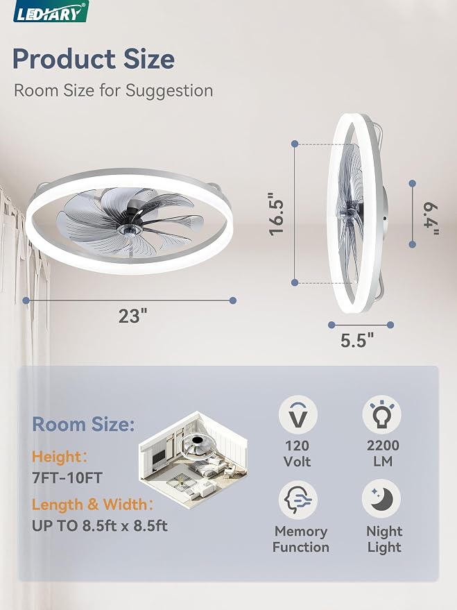 LEDIARY Ceiling Fans with Lights, 23 inch Low Profile Flush Mount Ceiling Fan, Dimmable LED, APP & Remote Control, Quiet Reversible DC Motor, 6 Speeds, Fandelier for Bedroom, Grey