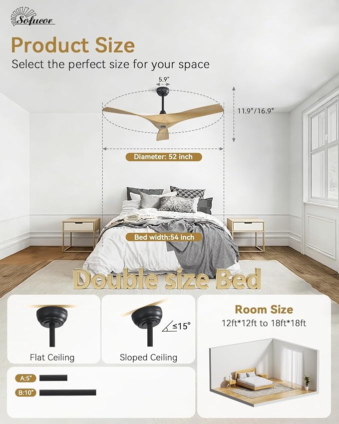 Sofucor 52 Inch Smart Ceiling Fan No Light, Modern Ceiling Fan with 3 Plastic Blades, Compatible with Alexa/Google/App, 6 Speeds 4500CFM, Timer Quiet Reversible DC Motor, ETL/FCC