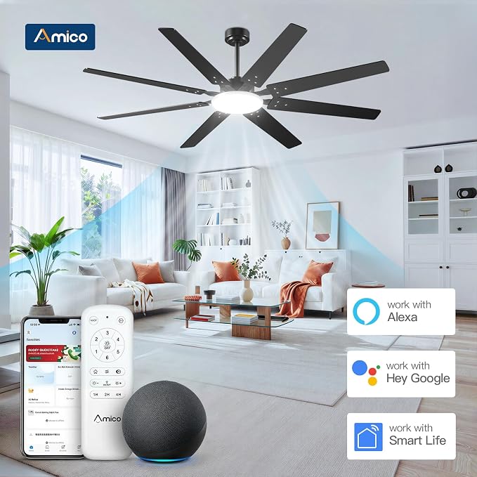 Amico Ceiling Fans with Lights, 72 inch Smart Ceiling Fan Compatible with Alexa/App/Remote Contro,Reversible DC Motor, 6 Speeds, Dimmable 3CCT LED, Quiet Indoor/Outdoor for Living Room, Great Room