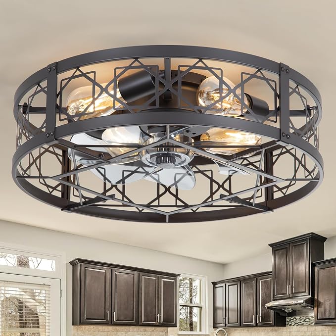 ZYD Caged Ceiling Fan with Light, 20" Ceiling Fan with Lights and Remote Flush Mount, Bladeless Caged Ceiling Fans with Lights, Matte Black Rustic Fan for Bedroom, Kitchen, Dining Room