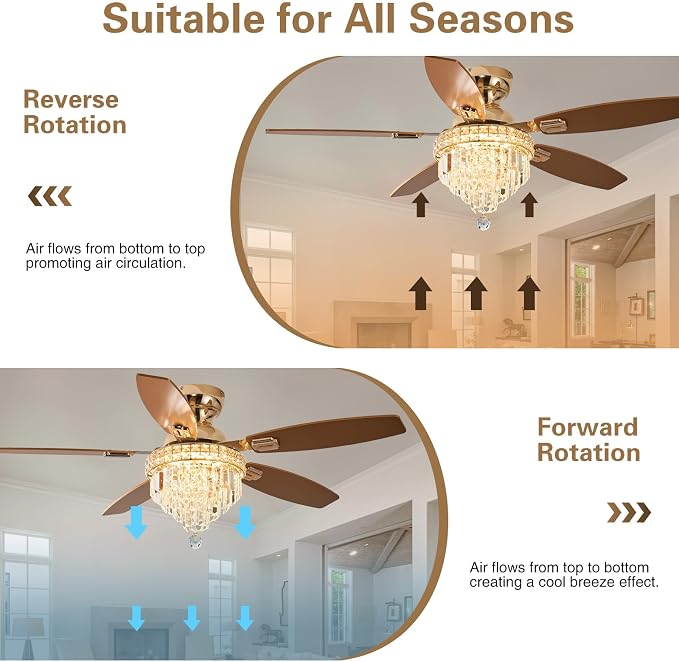 Crystal Ceiling Fan Fandelier with Lights-Ceiling Fans with Lights,50" Low Profile and Remote Control, Flush Mount, Reversible, Dimmable, Noiseless,Ceiling Fan for Bedroom（Gold）