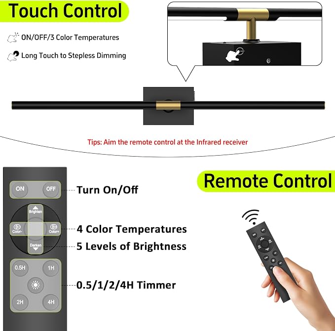 iThird Wall Sconce Battery Operated Wall Light: 10000mAh Wireless Wall Sconces with Remote Control, 360° Rotate Rechargeable Wall Scone for Bedroom Living Room Bathroom Hallway, 31.5 Inch, Black