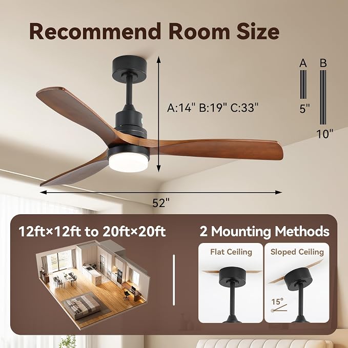 Sofucor Smart Ceiling Fan with Light, 52" Wood Ceiling Fan Compatible with Alexa/Google/App, 3-Color Light 6-Speed DC Motor Reversible Timer for Bedroom Living Room Patio Indoor Outdoor