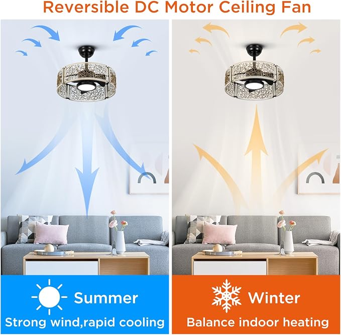 TALOYA 20 Inch Caged Ceiling Fans with Lights Chandelier Remote Control Flush Mount Low Profile for Bedroom Living Room Patio,Reversible,Buzzer Mute,Dimmable Led Light Included,Fandelier,White Oak