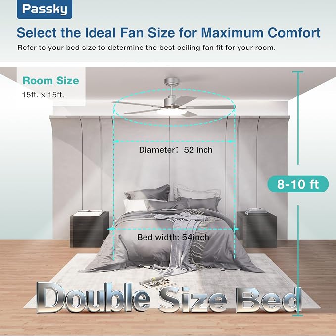 Passky Ceiling Fans with Lights, 52 inch Sleek Ceiling Fan with Light and Remote Control, 3CCT, Dimmable, Reversible, Noiseless, Silver Ceiling Fan for Bedroom, Living Room