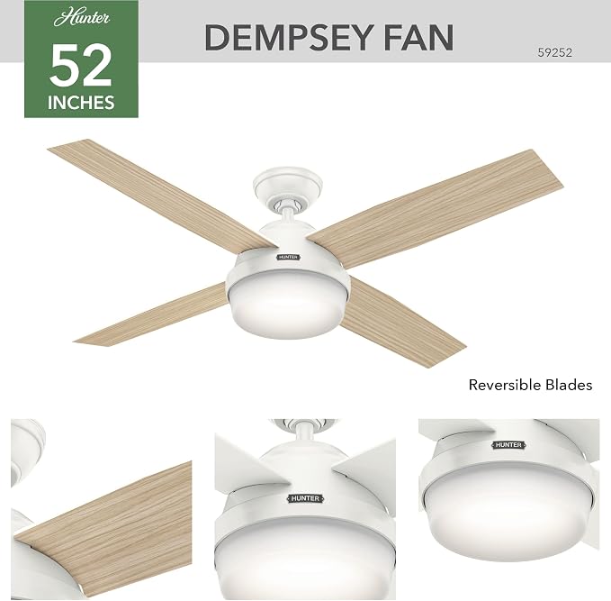 Hunter Dempsey, Outdoor or Indoor, Ceiling Fan, 52 inch, Fresh White | with LED Light and Remote Control, Standard Mount, 4 Blades, For Living Room, Patio, Porch, Garage, 59252