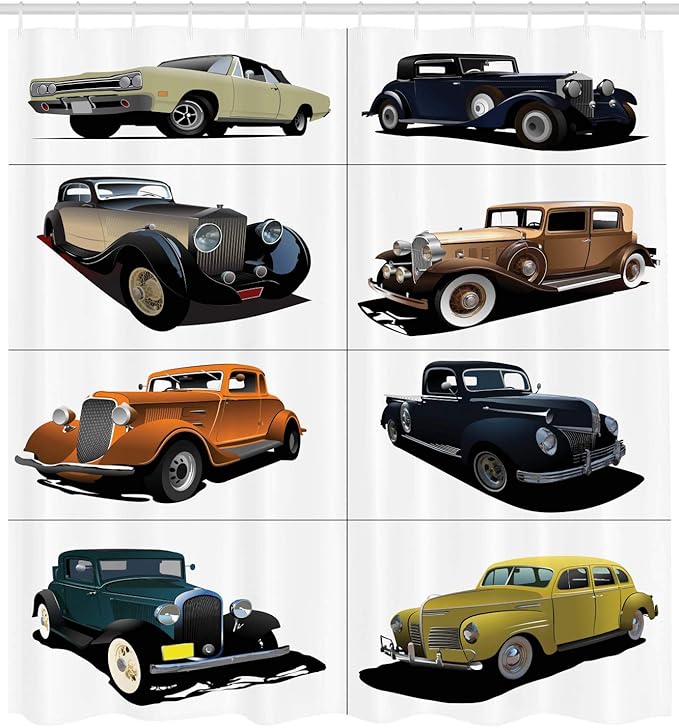 Ambesonne Cars Shower Curtain, Rare Fifties Vintage Vehicle Closed Roof Tops Original Timeless Automobile Graphic, Cloth Fabric Bathroom Decor Set with Hooks, 69" W x 70" L, Multicolor White