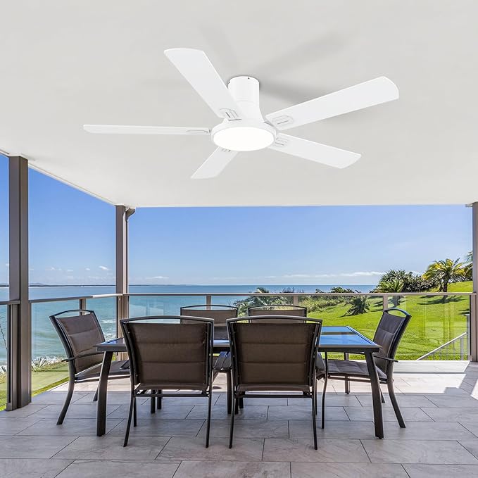 SNJ 52 Inch White Ceiling Fans with Lights and Remote,Flush Mount Low Profile 5 Blades Ceiling Fan,Dimmable Quiet Reversible DC Motor for,Living Room,Bedroom and Patio