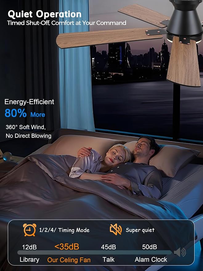 Ceiling Fans with Lights, 52 inch Low Profile Ceiling Fan with Light and Remote/APP Control, Dimmable, Quiet DC Motor, Flush Mount Ceiling Fan for Bedroom Living Room, Indoor/Outdoor Use, Black