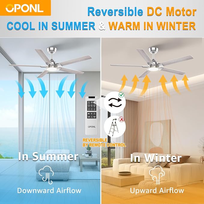 OPONL Ceiling Fan with Light, Ceiling fan with Light and Remote Control, Reversible, 6CCT, Dimmable, Noiseless, Ceiling Fan for Bedroom, Indoor/Outdoor Use, Nickel, 52 inch, Modern