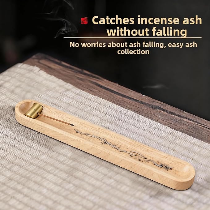 Wood Incense Holder for Sticks with Ash Catcher, 7.2 Inch Brass Incense Burner with 3 Holes, Wooden Incense Stick Holder for Meditation, Yoga, SPA & Home Decor